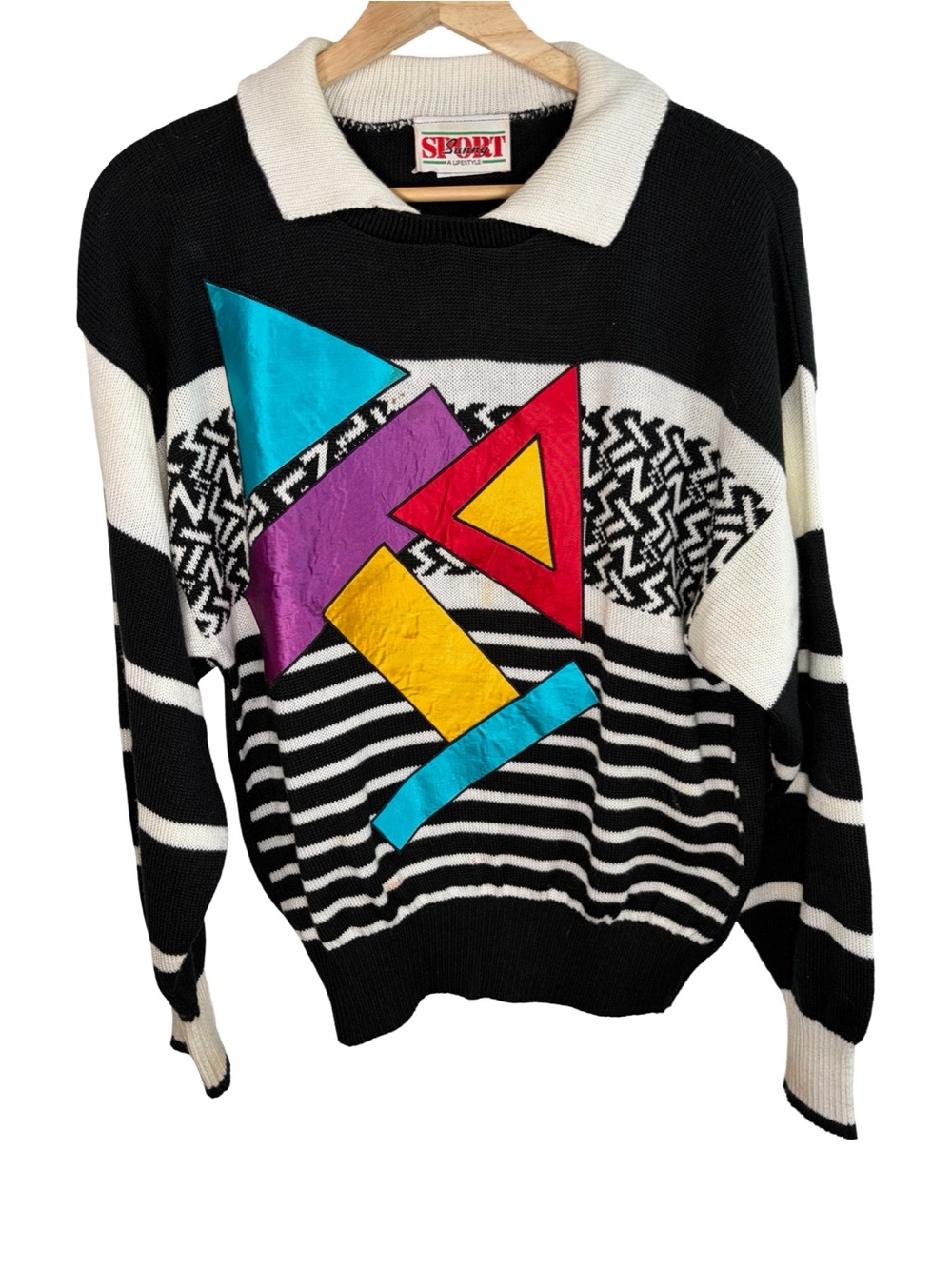 Sunny Sport black,White, neon Geometric Color-Block Crewneck Sweater